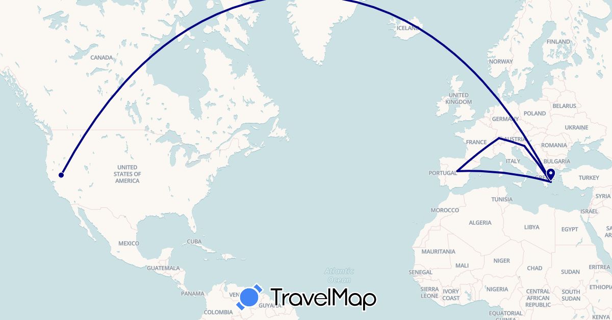 TravelMap itinerary: driving in Switzerland, Spain, Greece, Croatia, United States (Europe, North America)